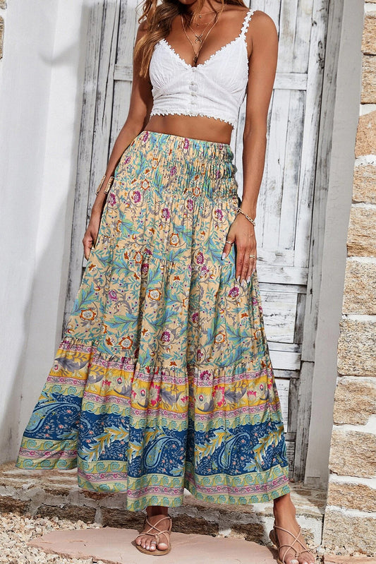 Sky Blue Boho Floral & Paisley Maxi Skirt