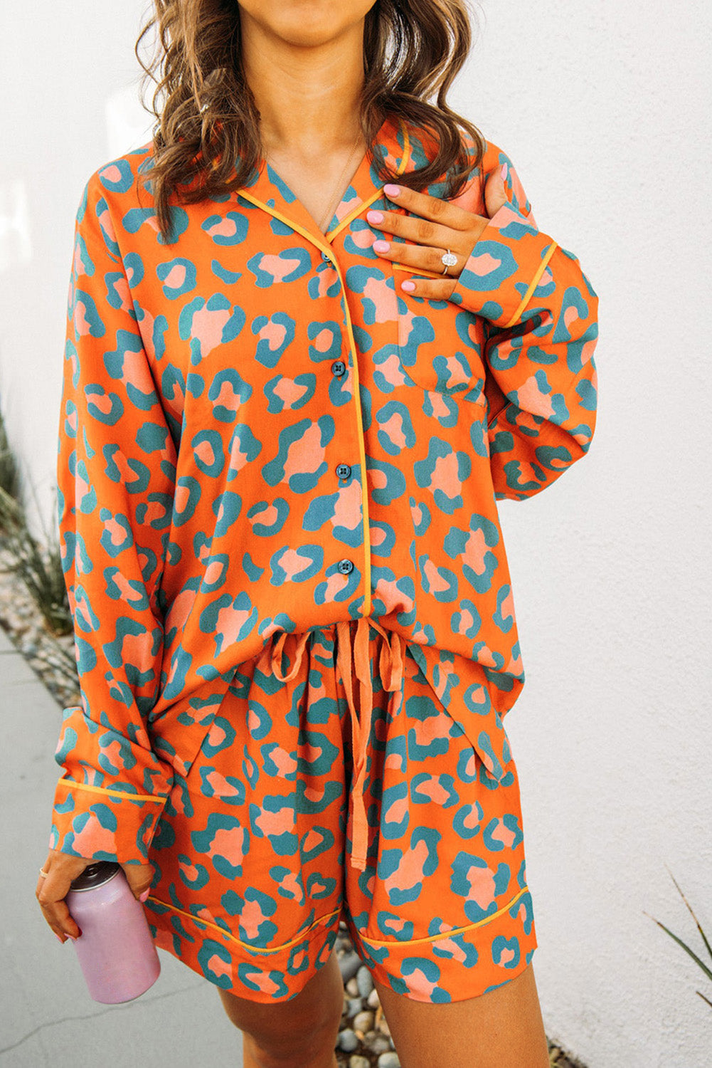 Orange Leopard Print Shorts Loungewear Set