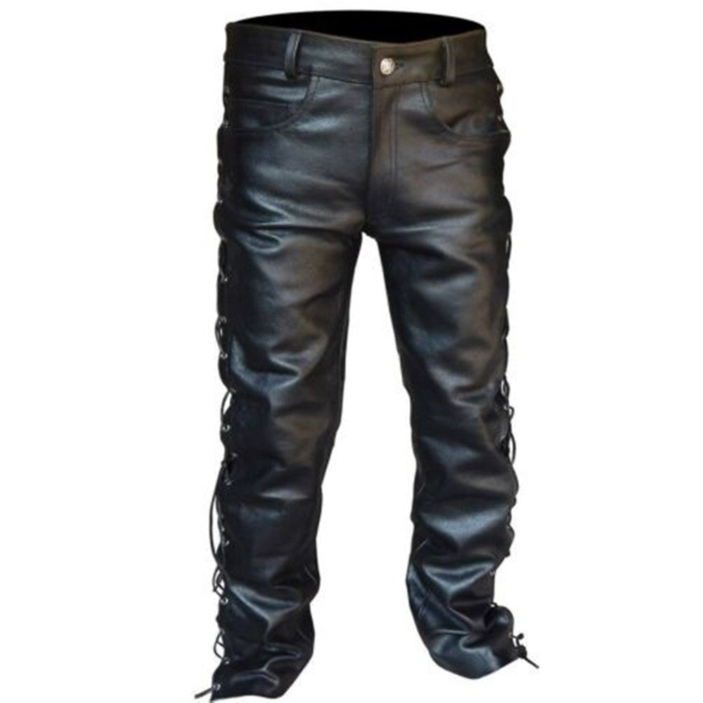 Men Solid Color PU Strap Casual Leather Pants