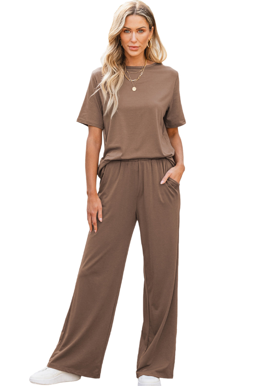 Solid Color T Shirt & Wide Leg Pants Set