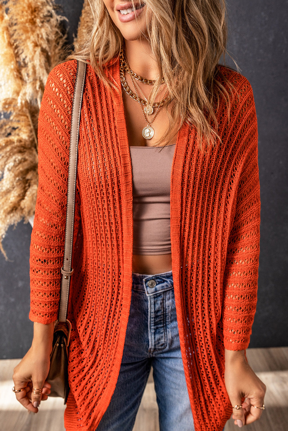 Casual Hollow-out Bracelet Sleeve Knit Cardigan