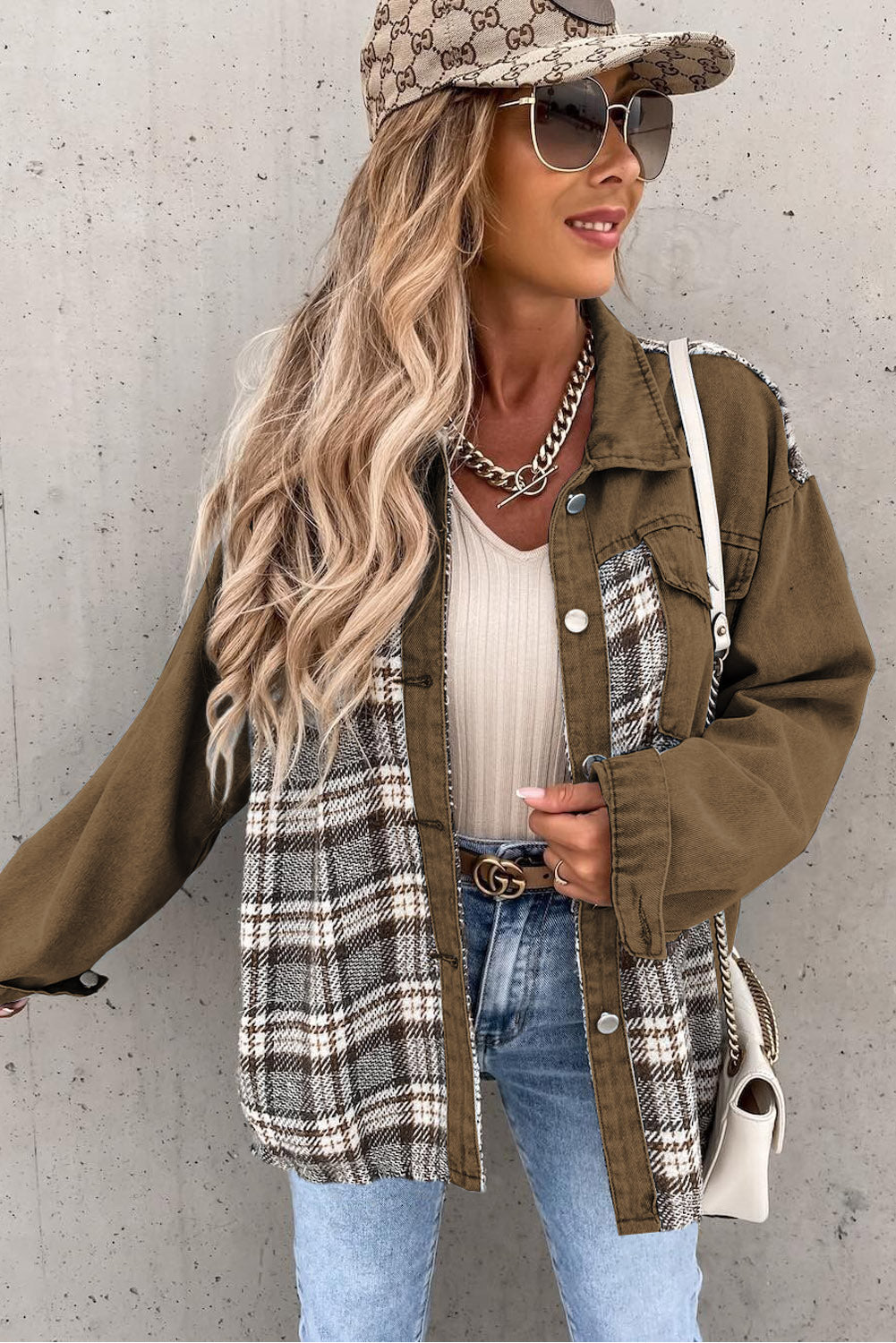 Loose Fit Sky Blue Plaid Patchwork Denim Jacket