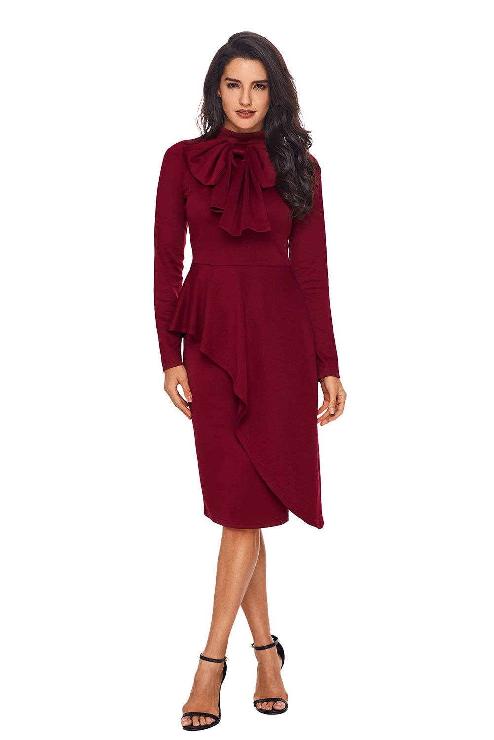 Modest Asymmetric Peplum Style Bow Dress