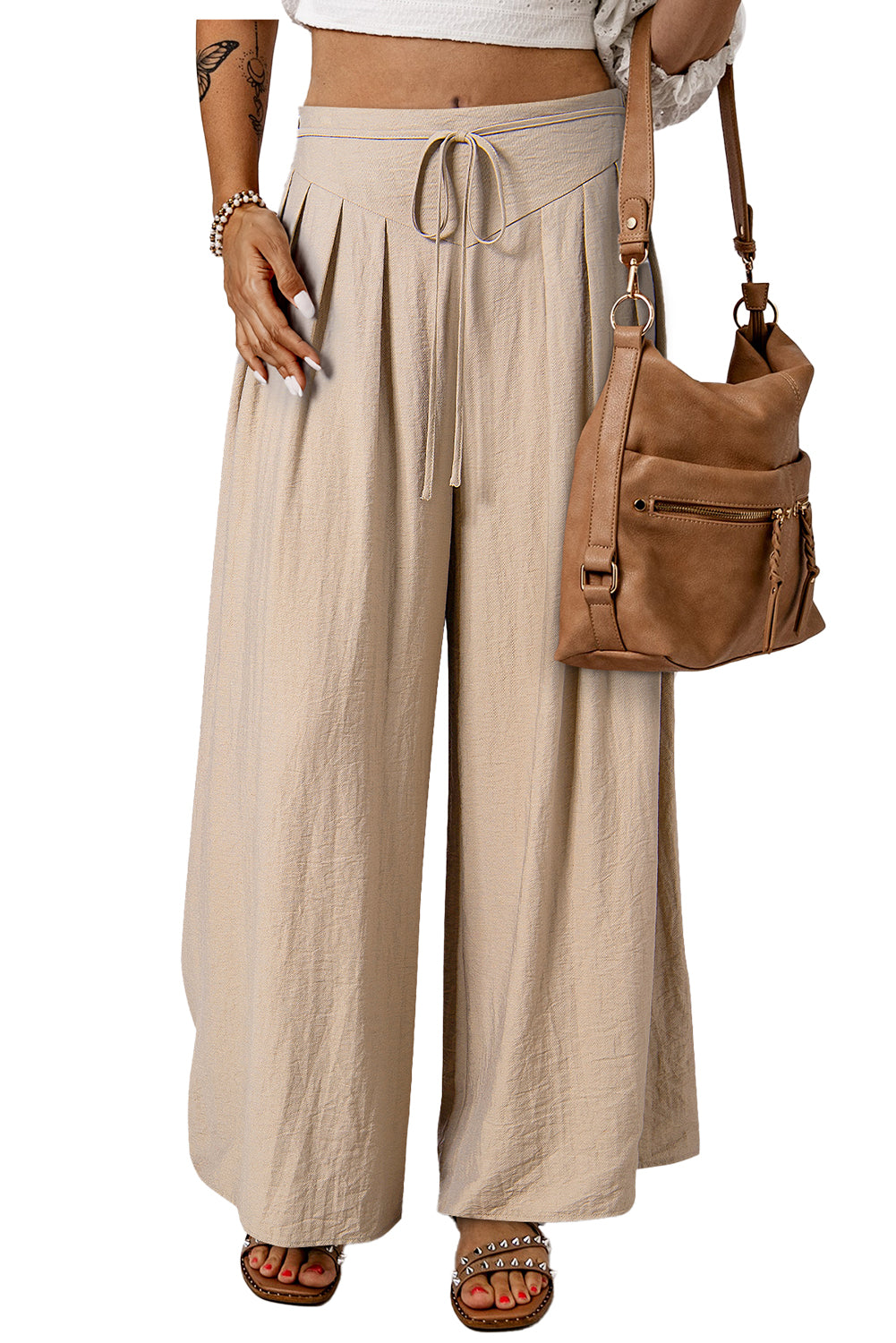 Beige Drawstring Pleated Wide Leg Pants