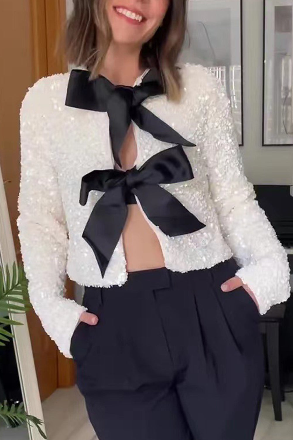 White Sequins Round Neck Bow Jacket