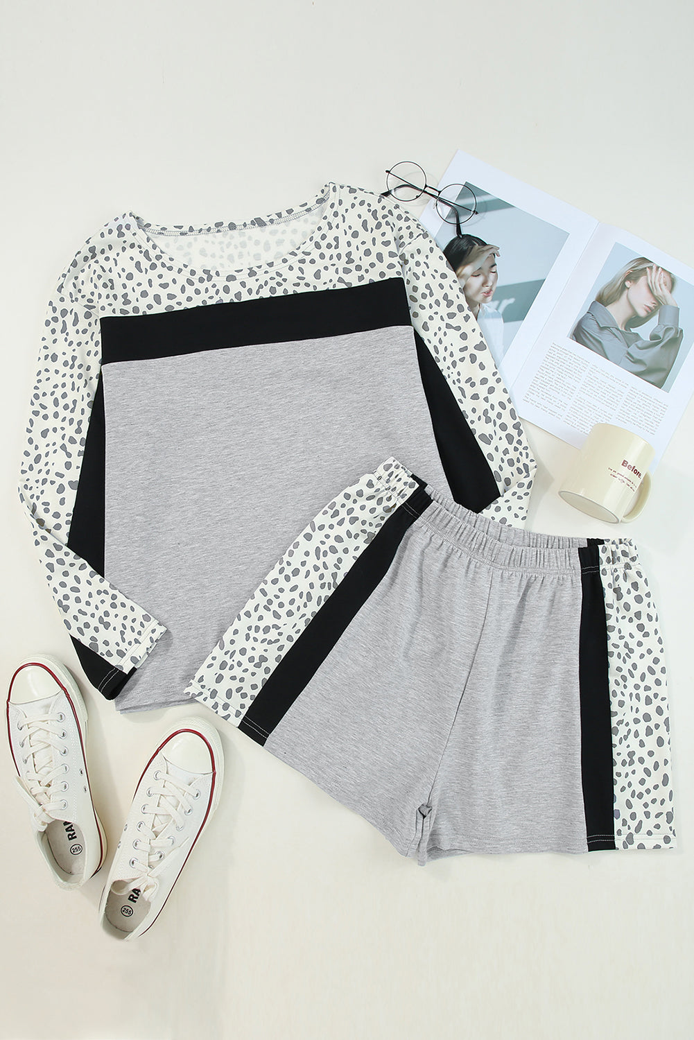 Gray Leopard Colorblock Patchwork Shorts Set