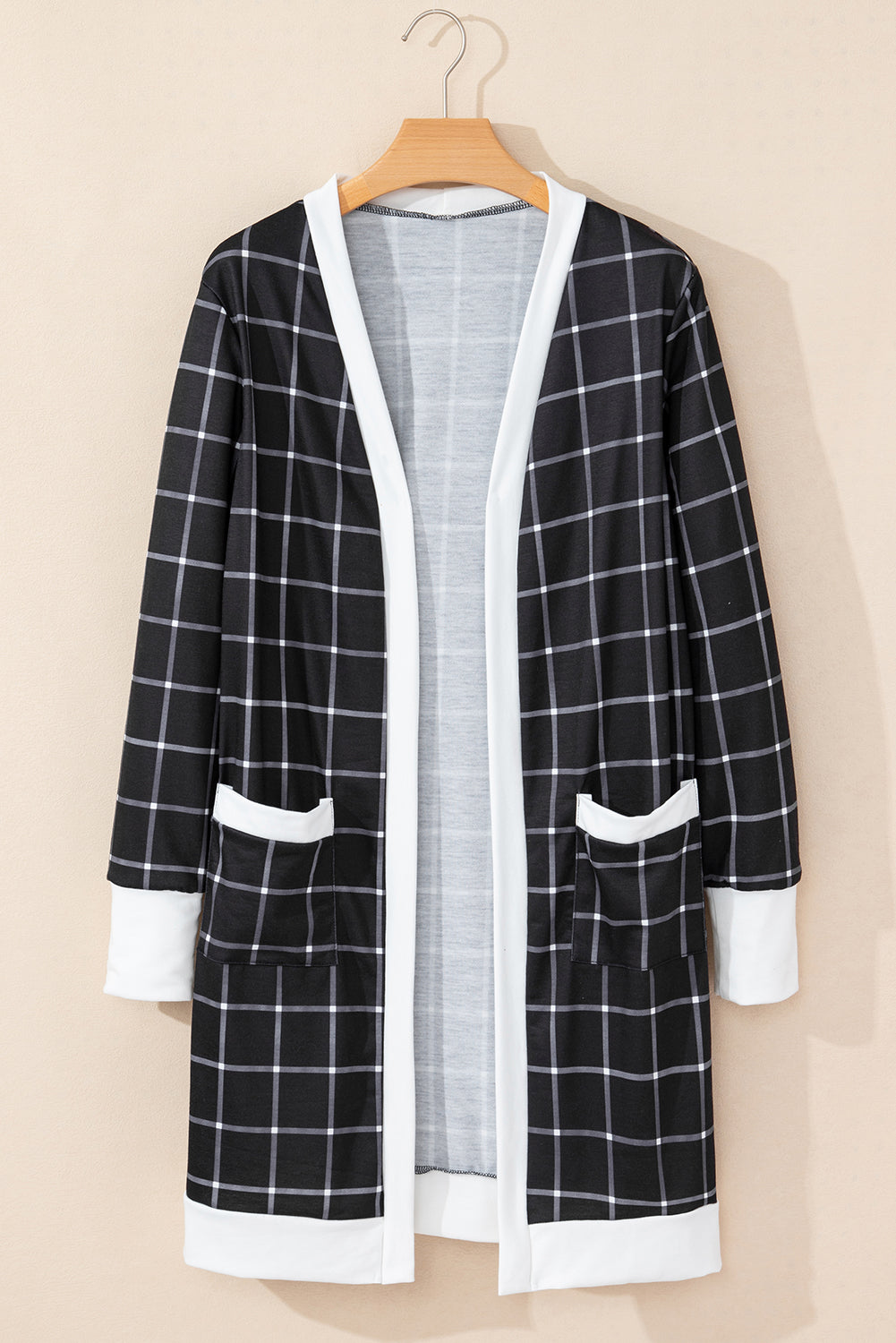 Black Plaid Open Cardigan with Pocket