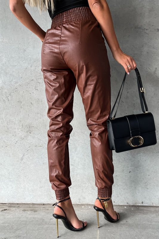 Brown Smocked High Waist Leather PU Skinny Pants