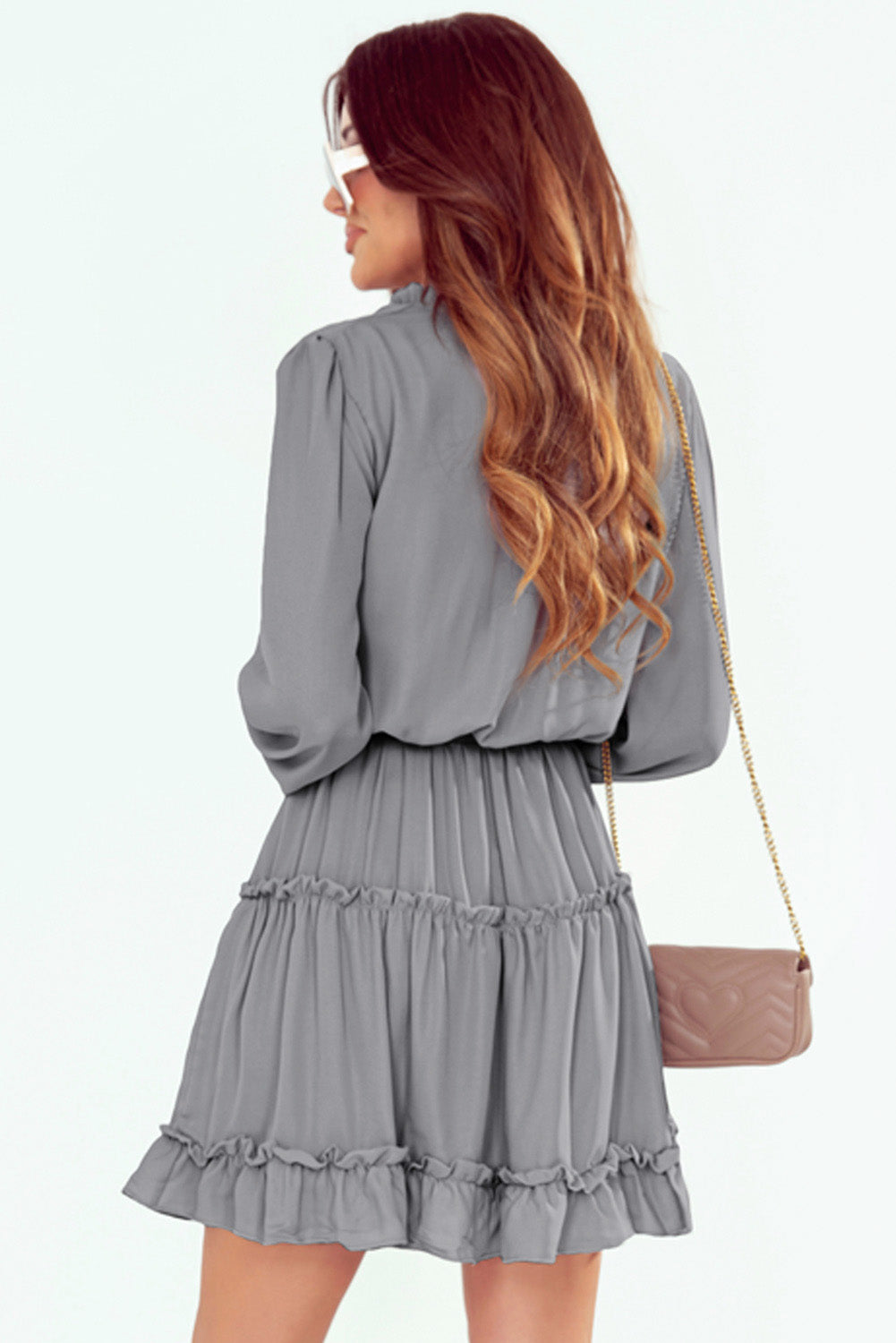 V Neck Long Sleeve Ruffle Tiered Mini Dress