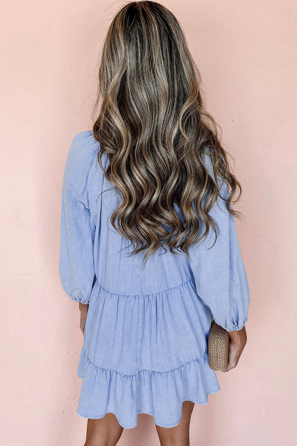 Blue Puff Sleeve Tiered Ruffled Chambray Mini Dress