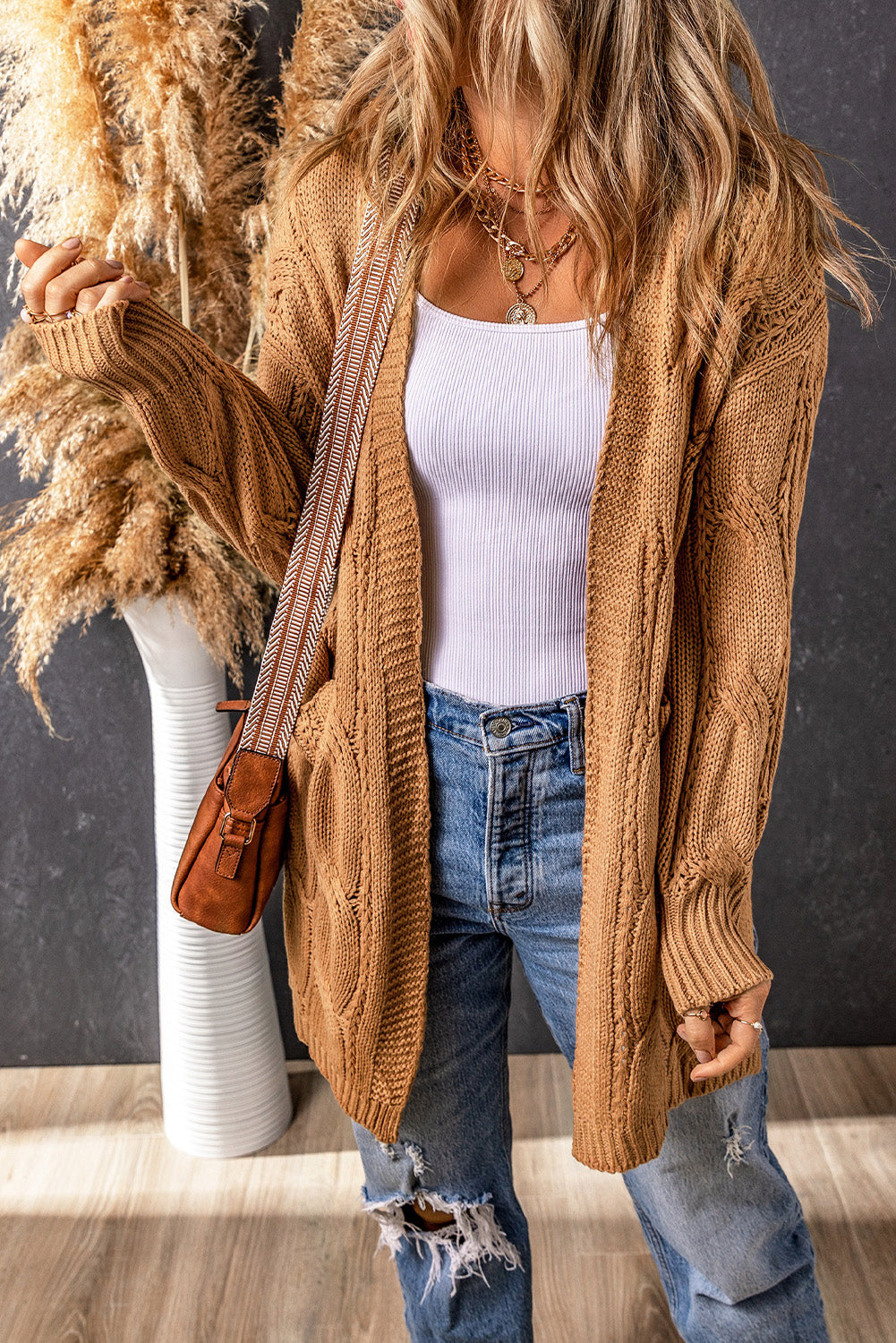 Ribbed Trim Cable Knit Cardigan