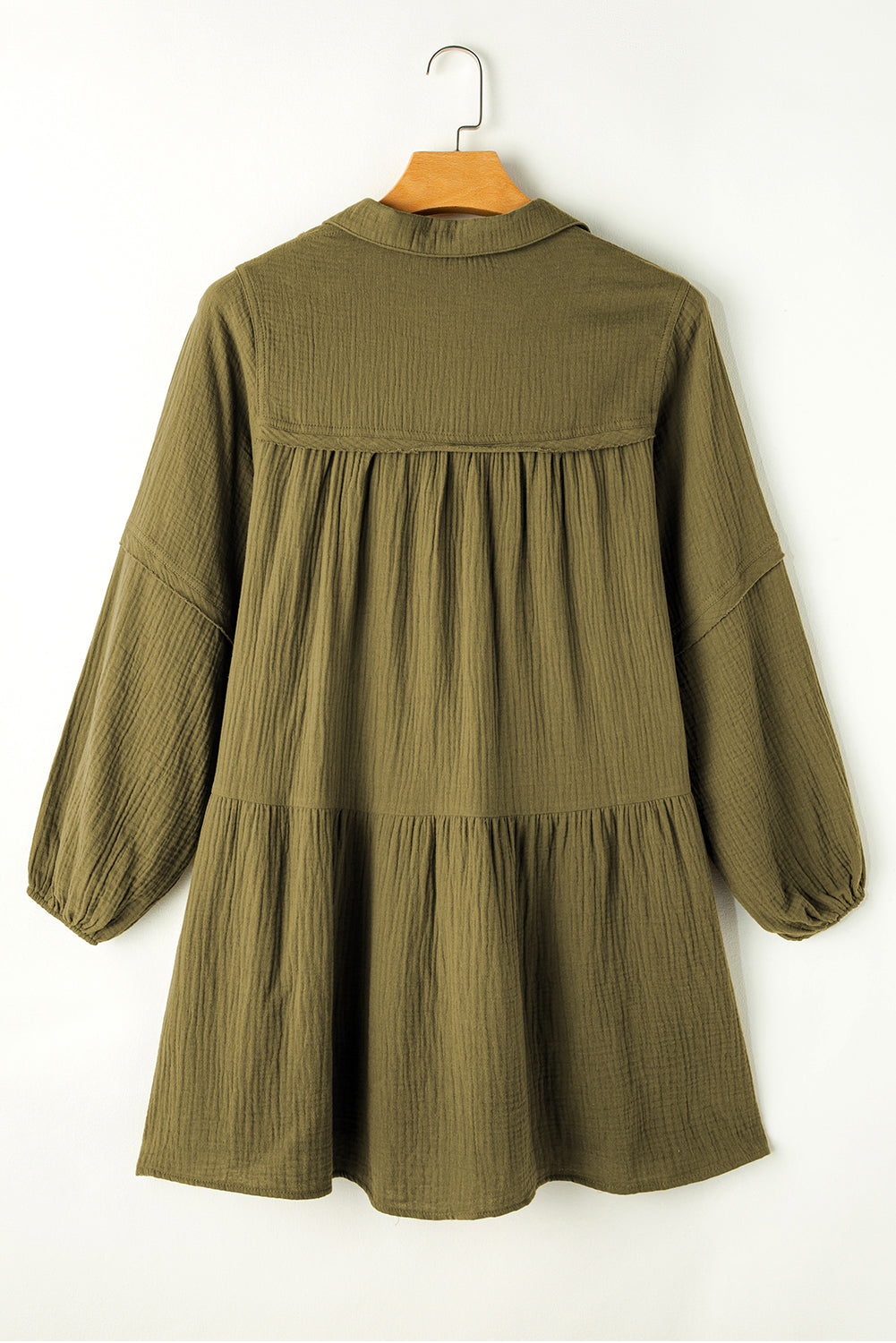 Green Frayed Trim Puff Sleeve Flared Dress