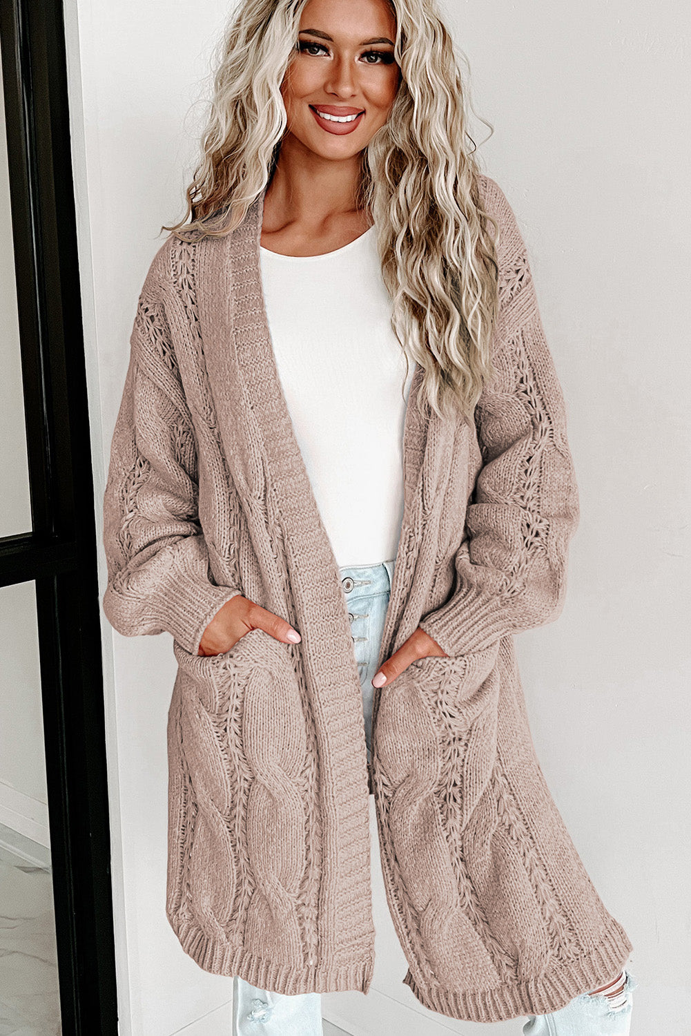 Ribbed Trim Cable Knit Cardigan