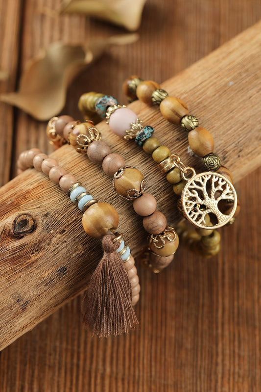 Brown Tree Of Life Charm Wood Beads Bracelet