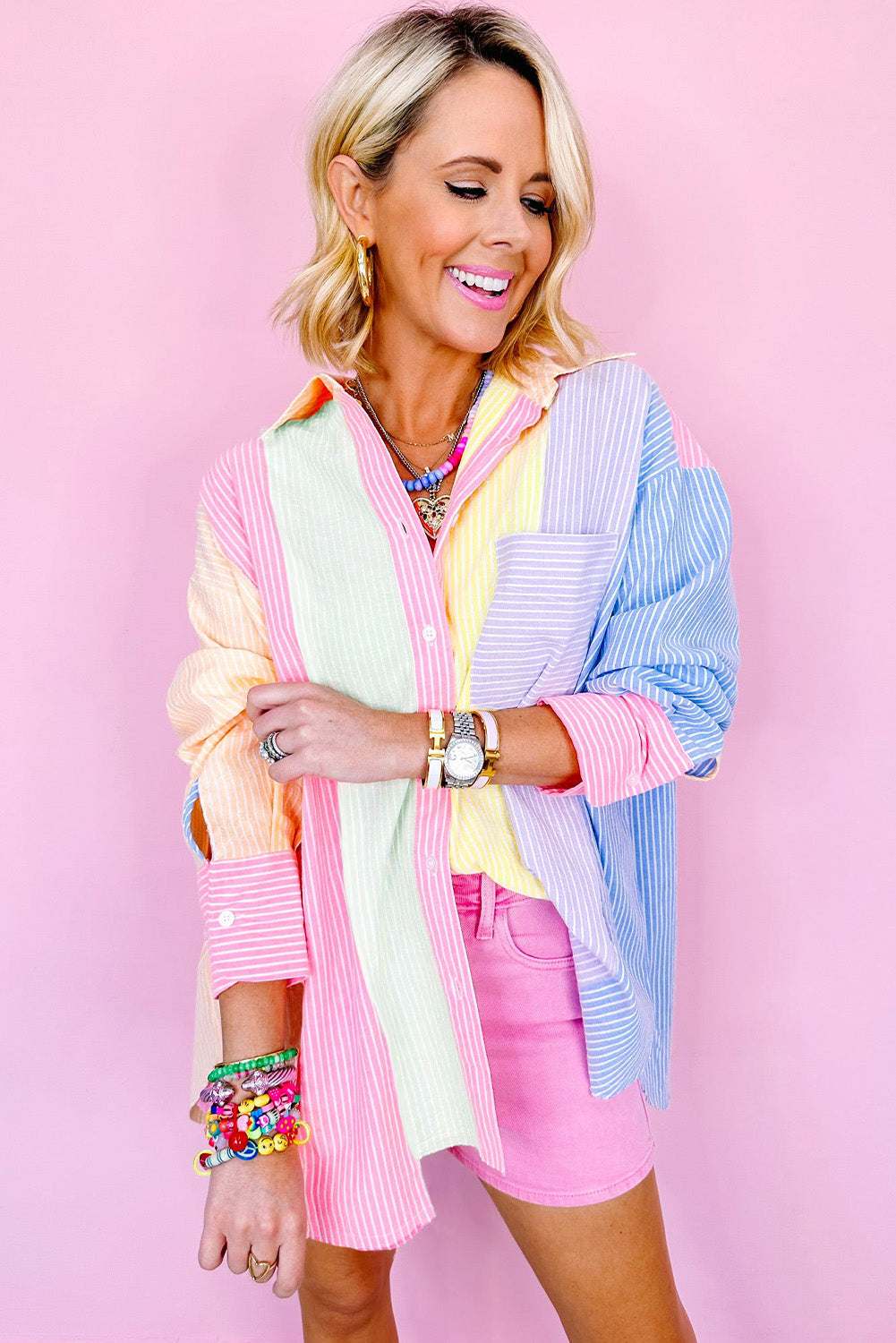 Pink Stripe Color Block Oversized Shirt