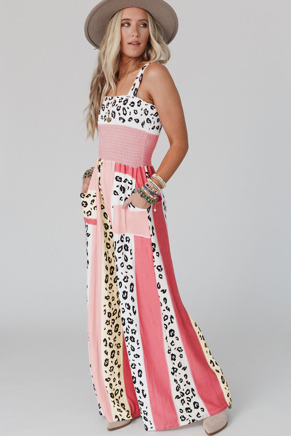 Pink Leopard Color Print Pocketed Jumpsuit