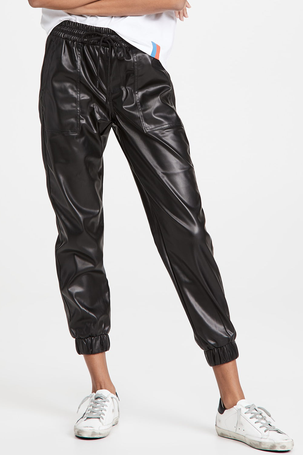 Black Faux Leather Look Drawstring Cropped Pants