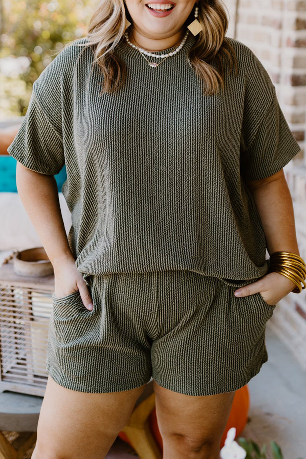 Moss Green Plus Size Rib Knit Shorts Set