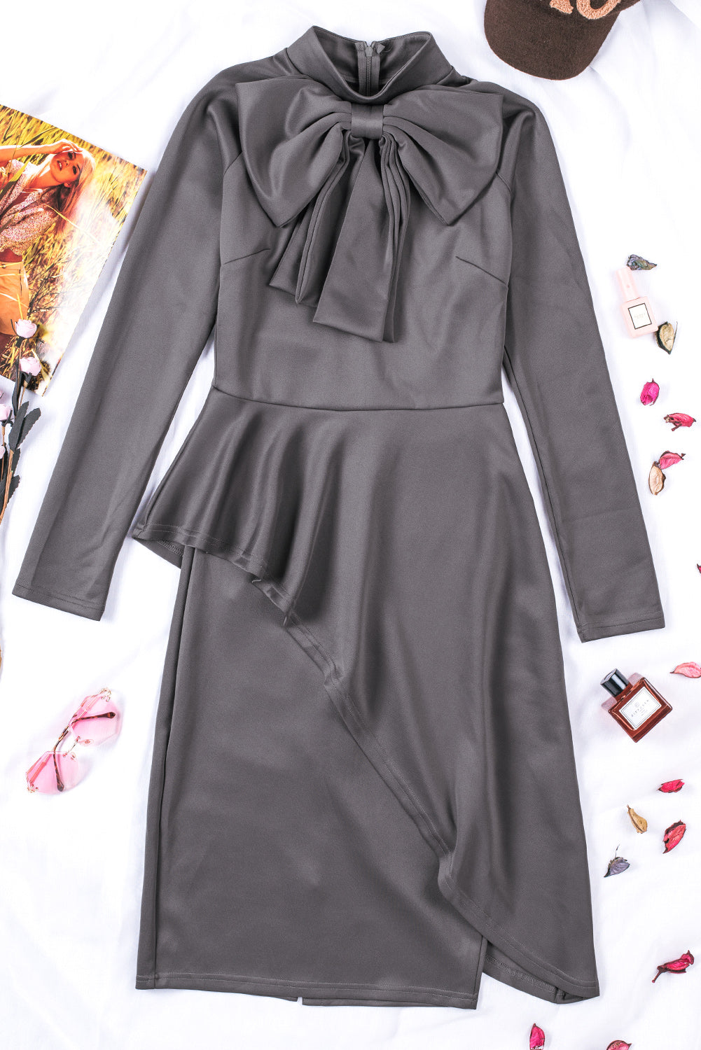 Modest Asymmetric Peplum Style Bow Dress