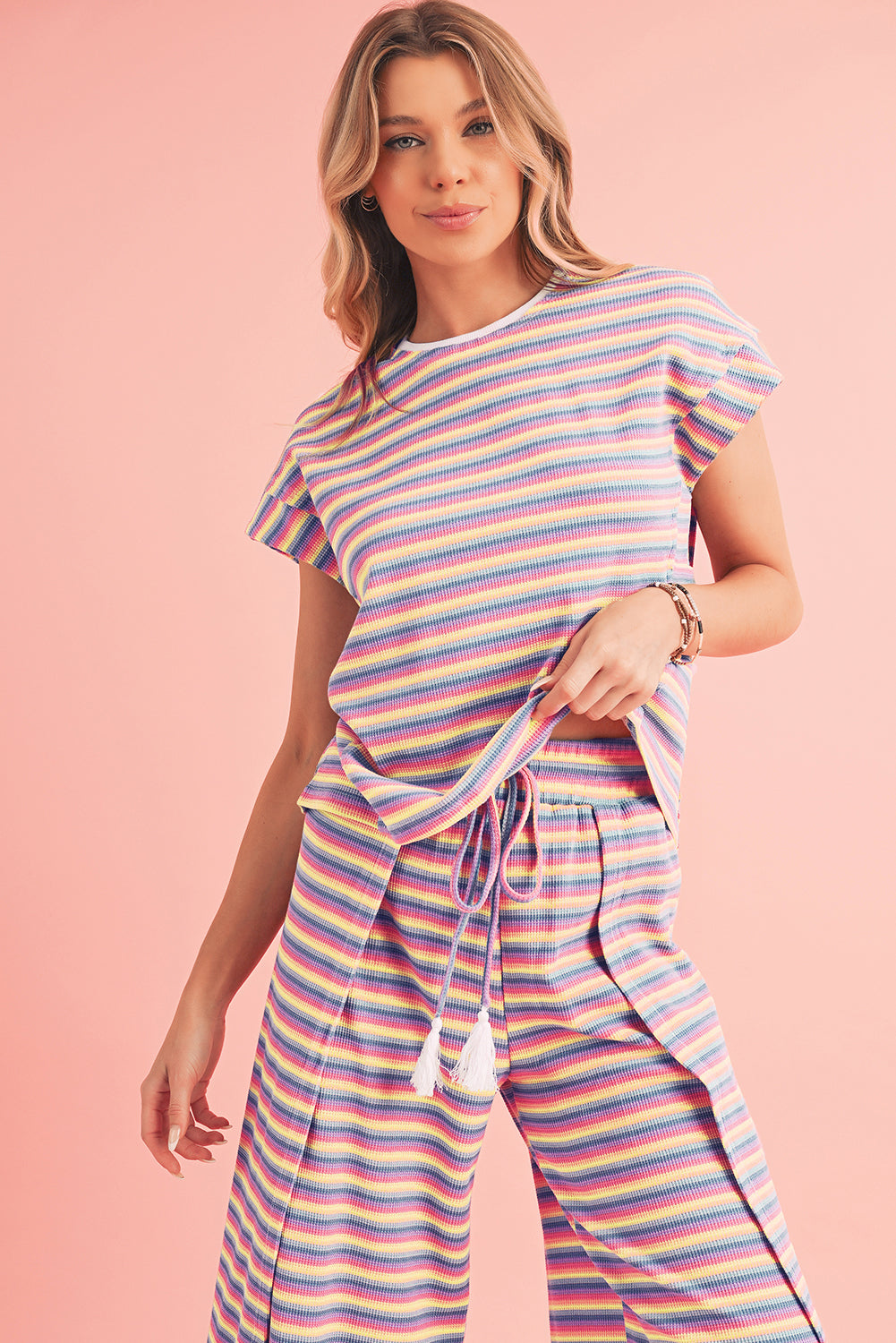 Striped Tassel Tee & Wide Leg Pants Set