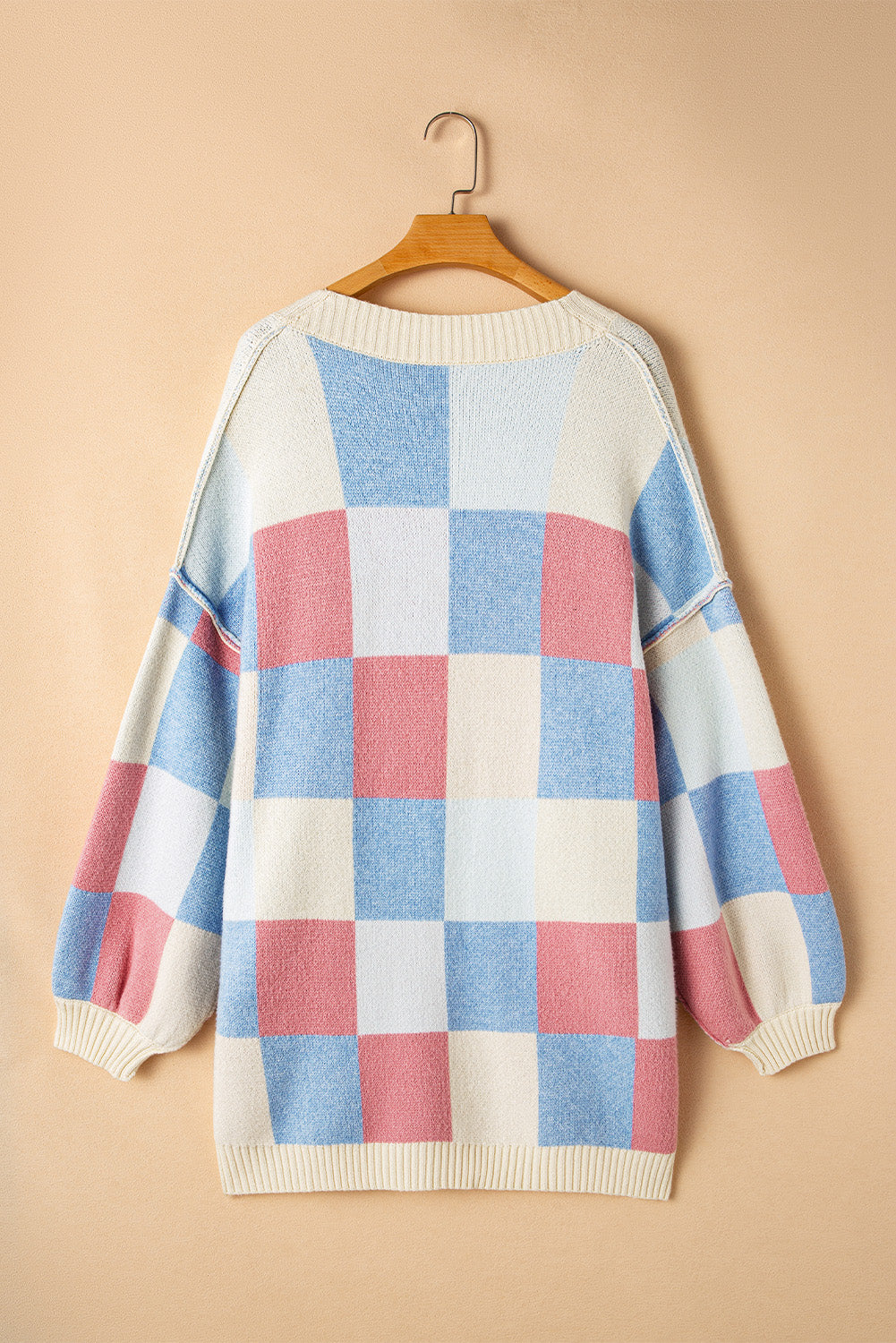 Light Blue Checkered Open Front Cardigan