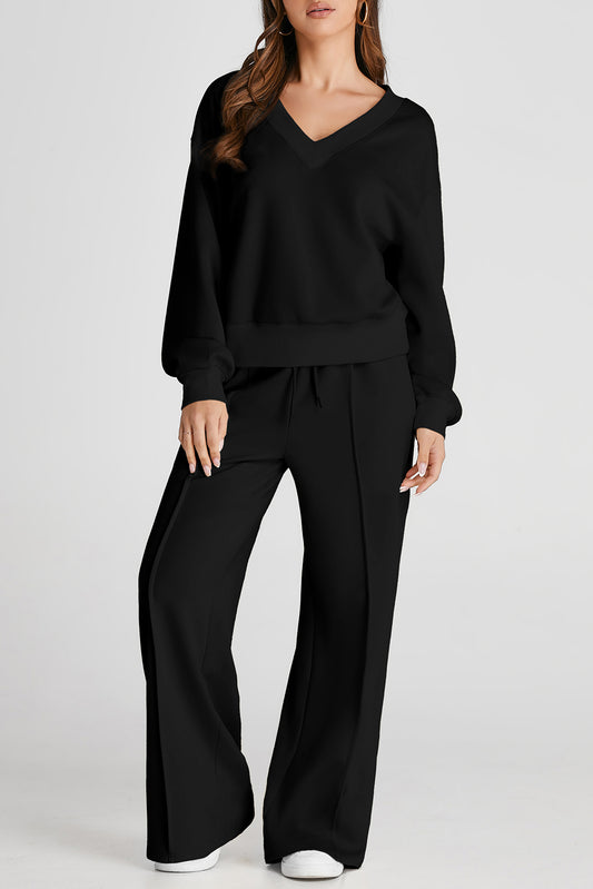 Black V Neck Sweatshirt & Seamed High Waist Pants Set