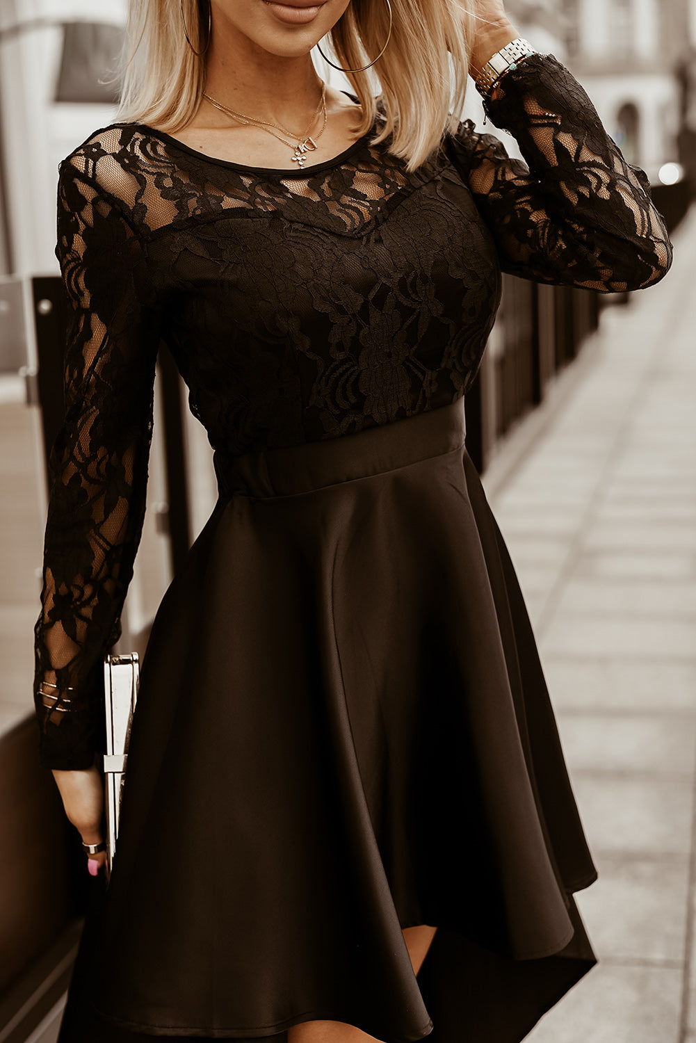 Black Long Sleeve Lace High Satin Dress