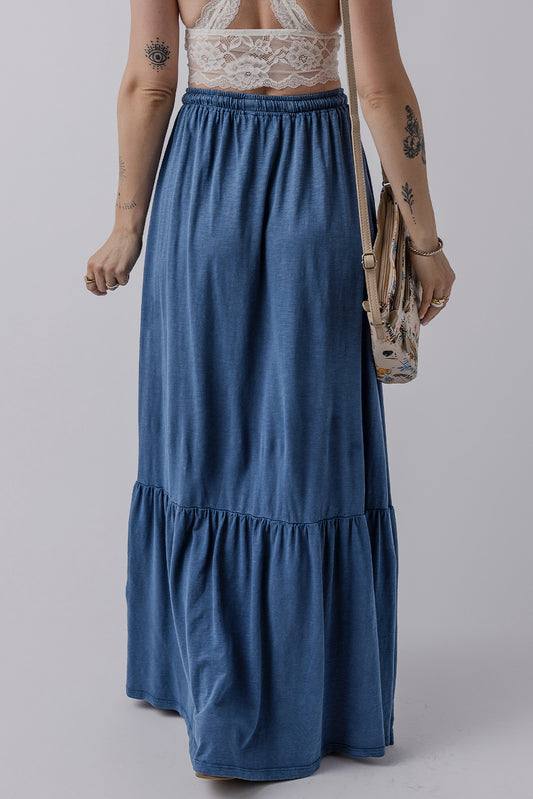 Sail Blue Lace Up High Waist Tiered Maxi Skirt