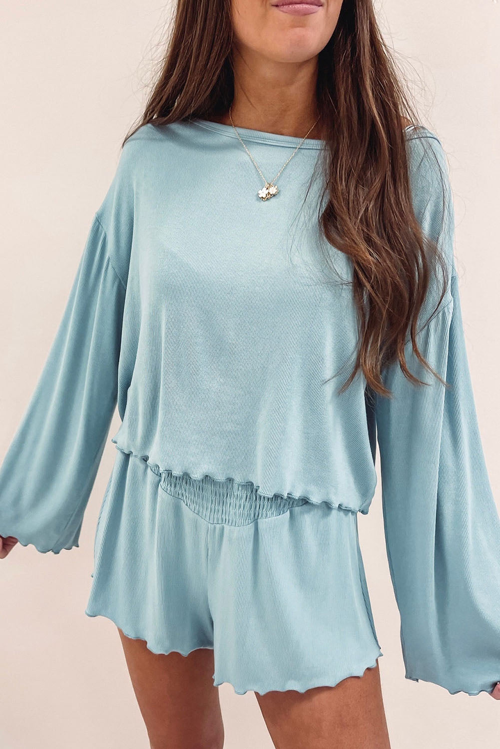 Sky Blue Long Sleeve Top & High Waisted Shorts Set