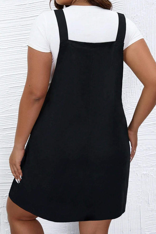 Black Buttoned Straps Plus Size Overall Dress