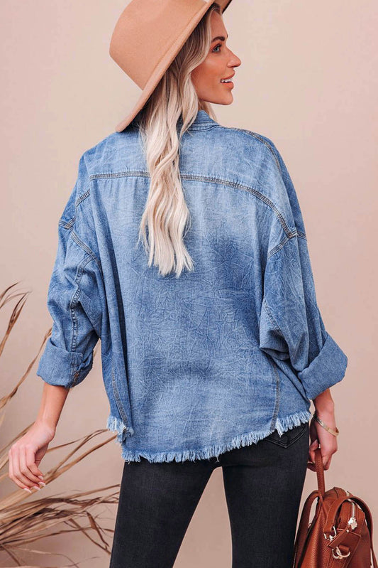 Sky Blue Sequin Football Print Denim Jacket