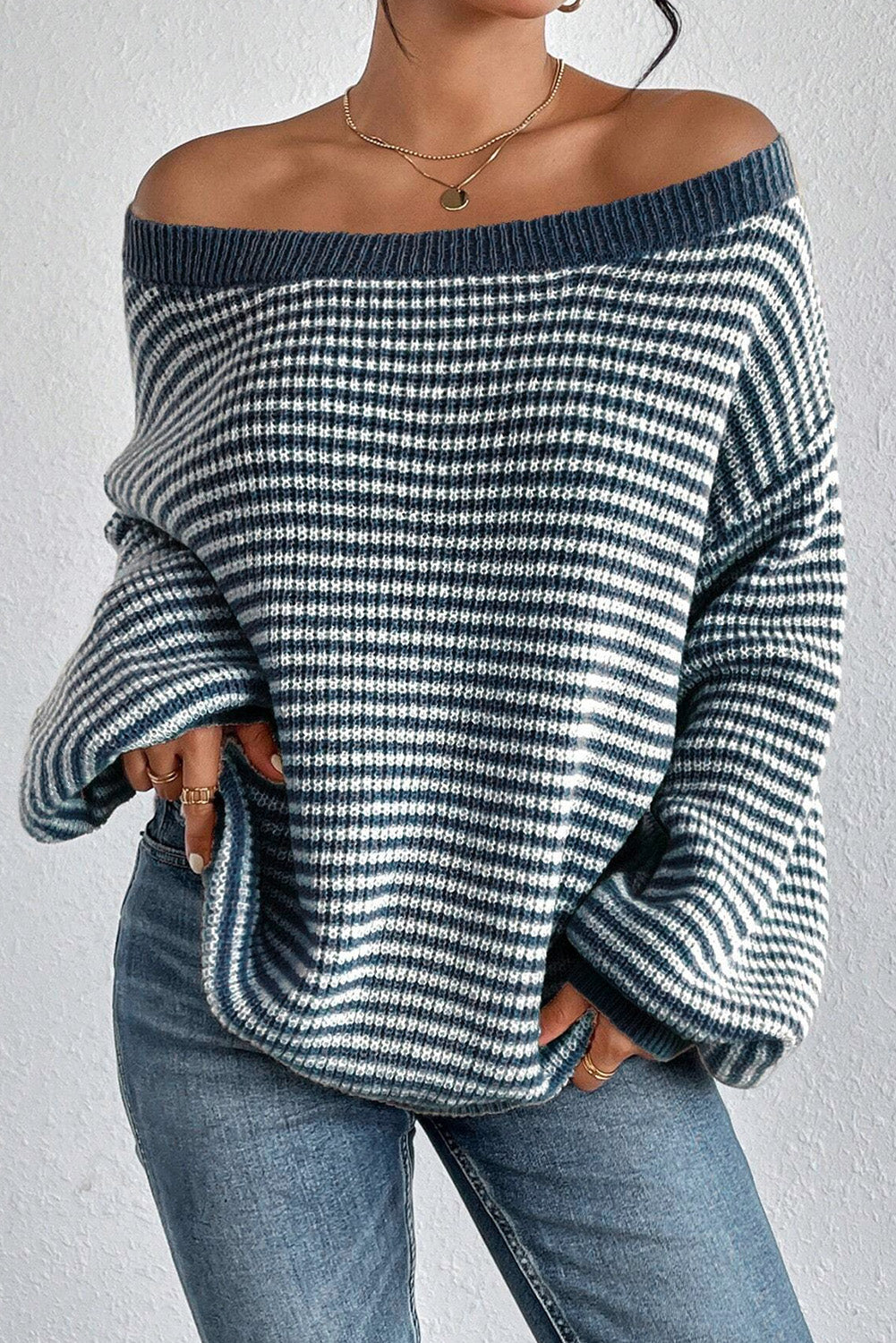 Sail Blue Striped Drop Shoulder Sweater