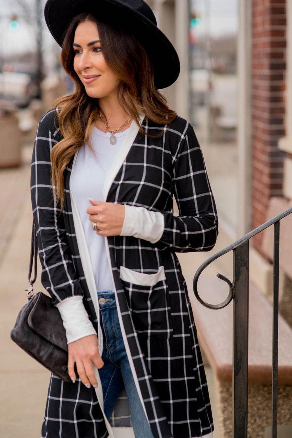 Black Plaid Open Cardigan with Pocket