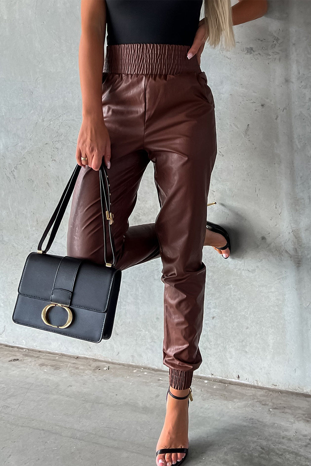 Brown Smocked High Waist Leather PU Skinny Pants