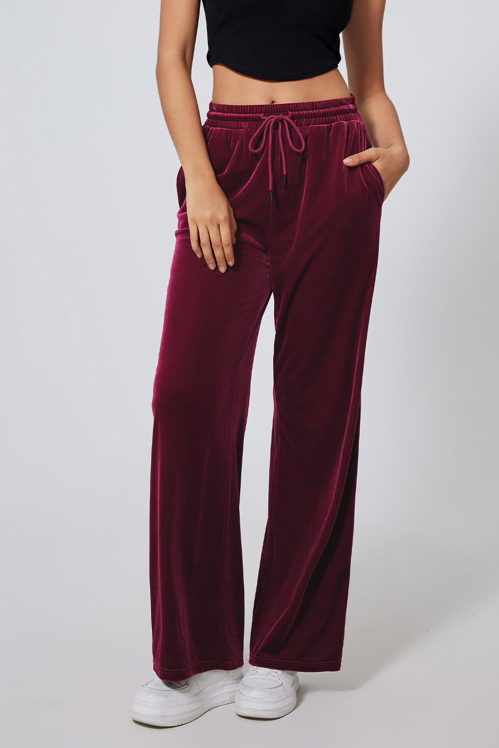 Evergreen Solid Drawstring Waist Wide Leg Pants