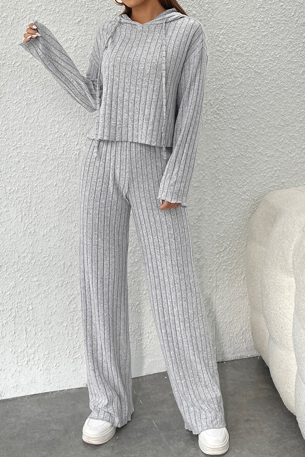 Ribbed Knit Slouchy Hoodie Wide Leg Pants Set