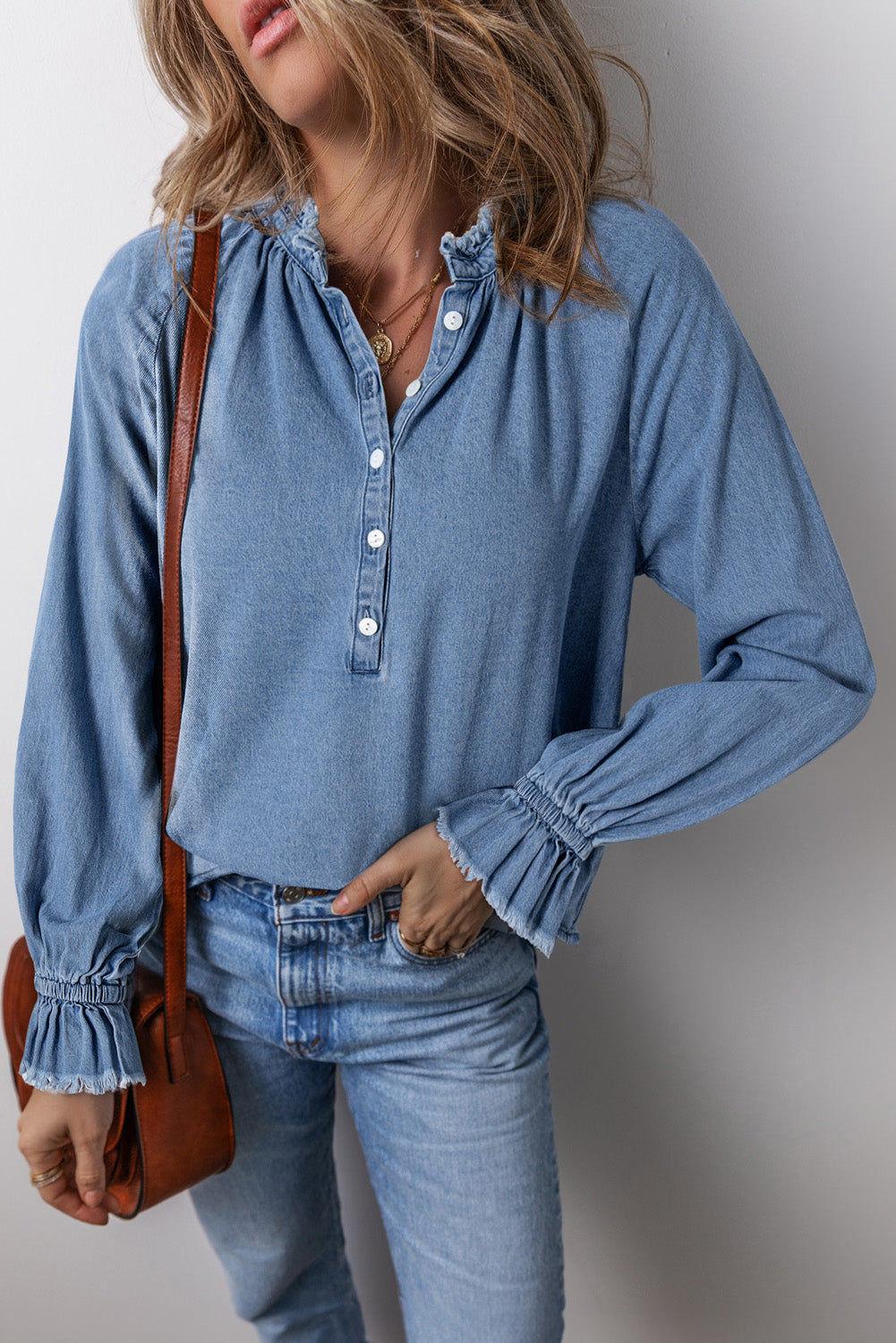 Sky Blue Frilled Raw Hem Buttoned Denim Top