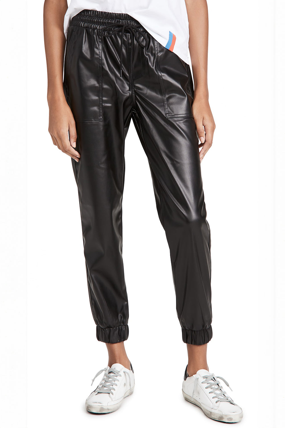 Black Faux Leather Look Drawstring Cropped Pants