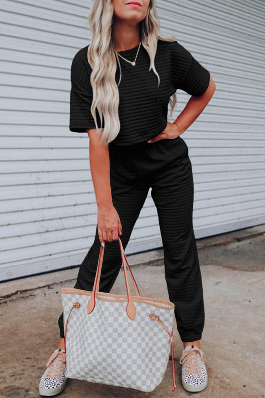 Black Lattice Textured Cropped Top and Pants Set