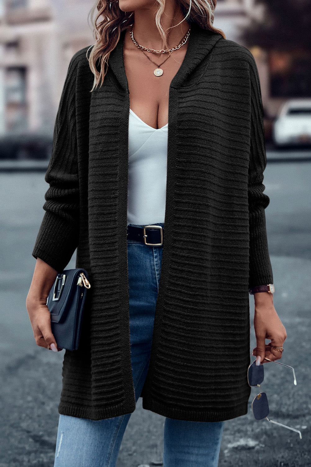 Black Rib Knitted Hooded Cardigan