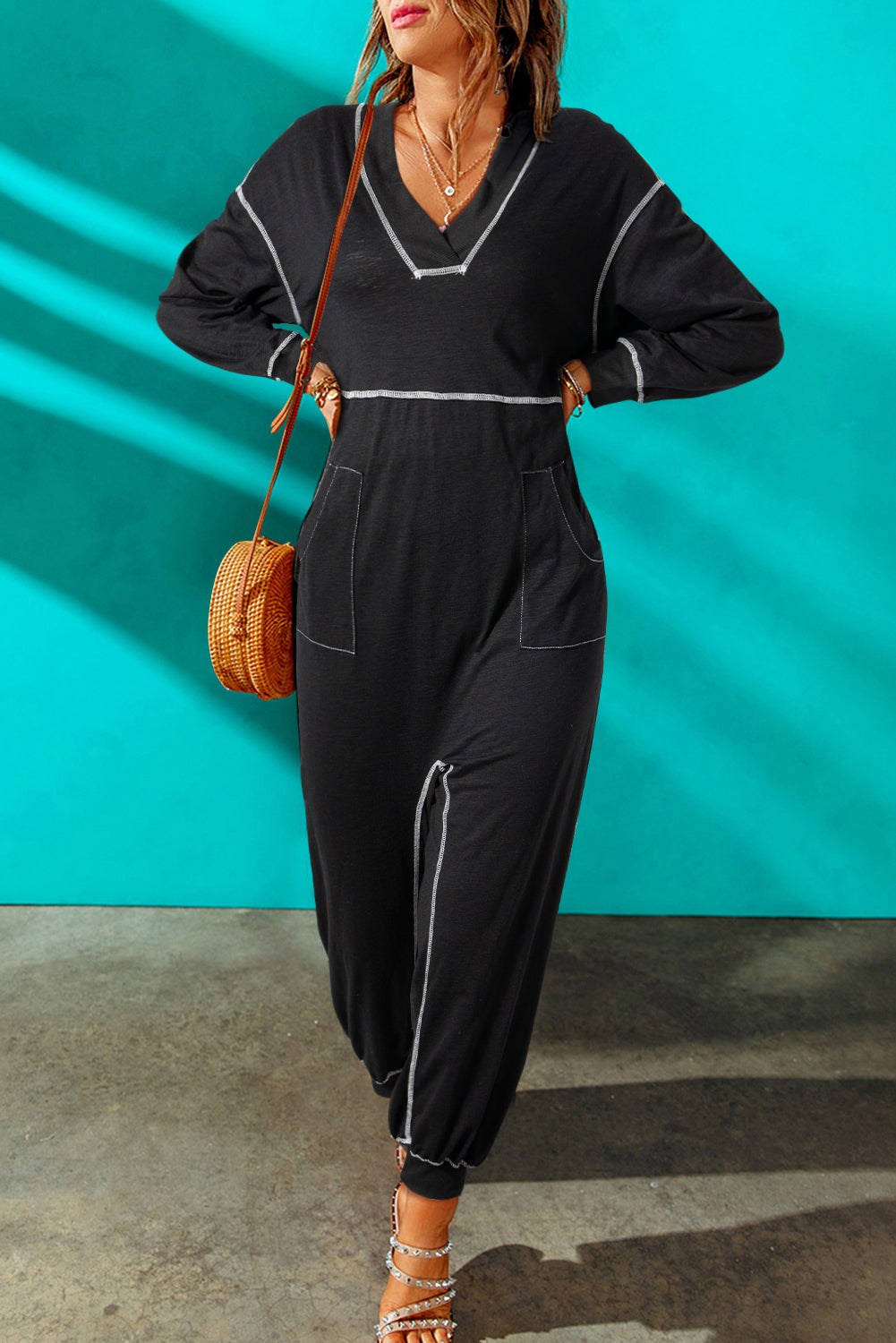 Black Flatlock Seam V Neck Baggy Jumpsuit