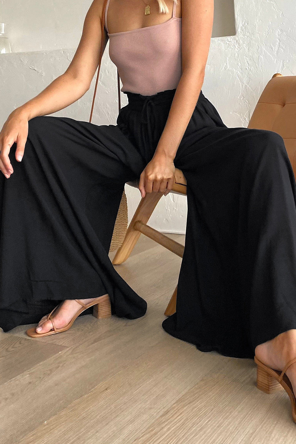 Black Drawstring High Waist Wide Leg Pants