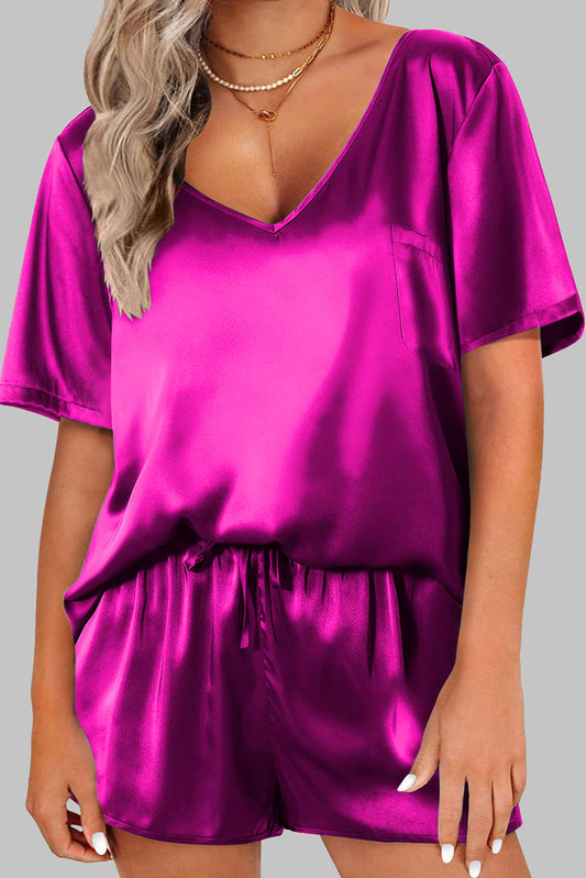 Bright Pink Satin Loungewear Shorts Set