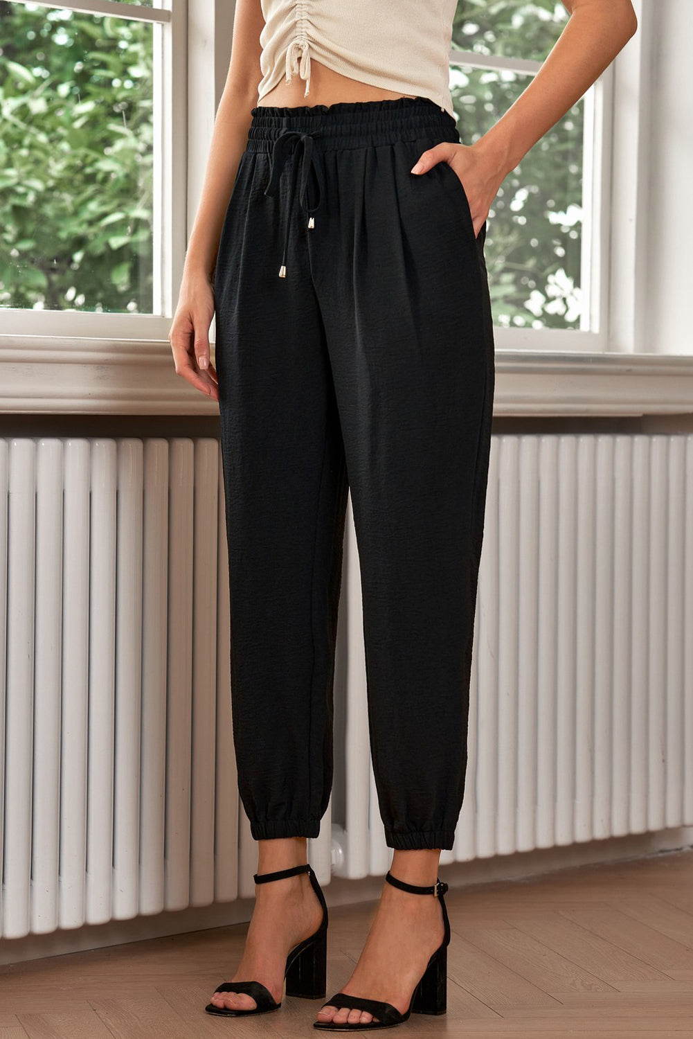 Black Solid  Smocked Waist Joggers