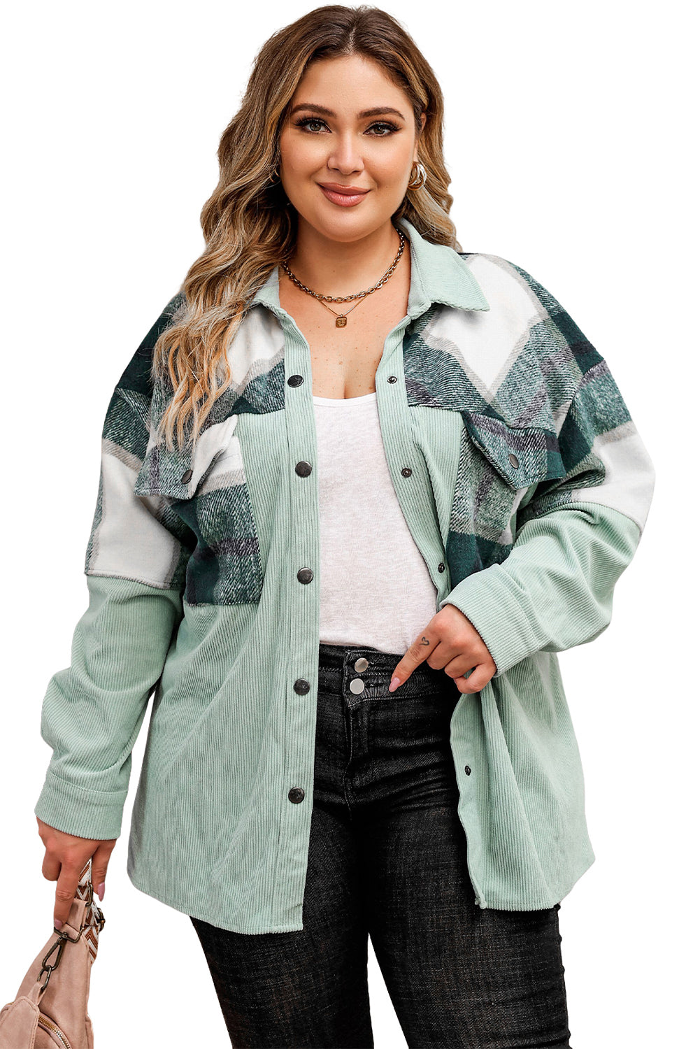 Black Plaid Patchwork Plus Size Corduroy jacket