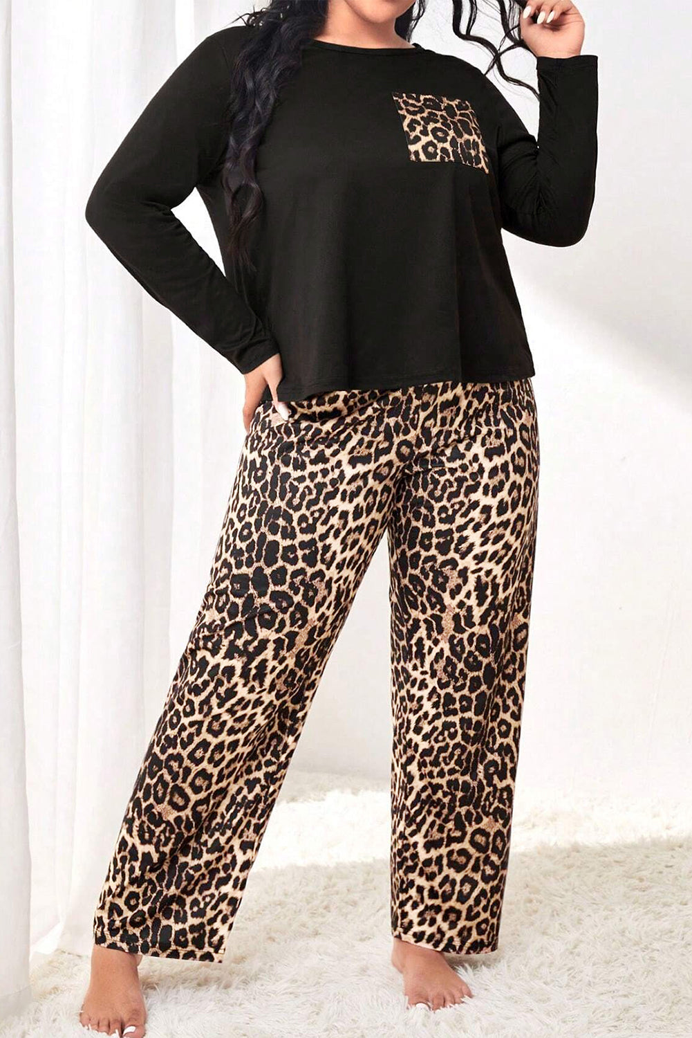 Leopard Patched Long Sleeve Plus Size Pajama Set