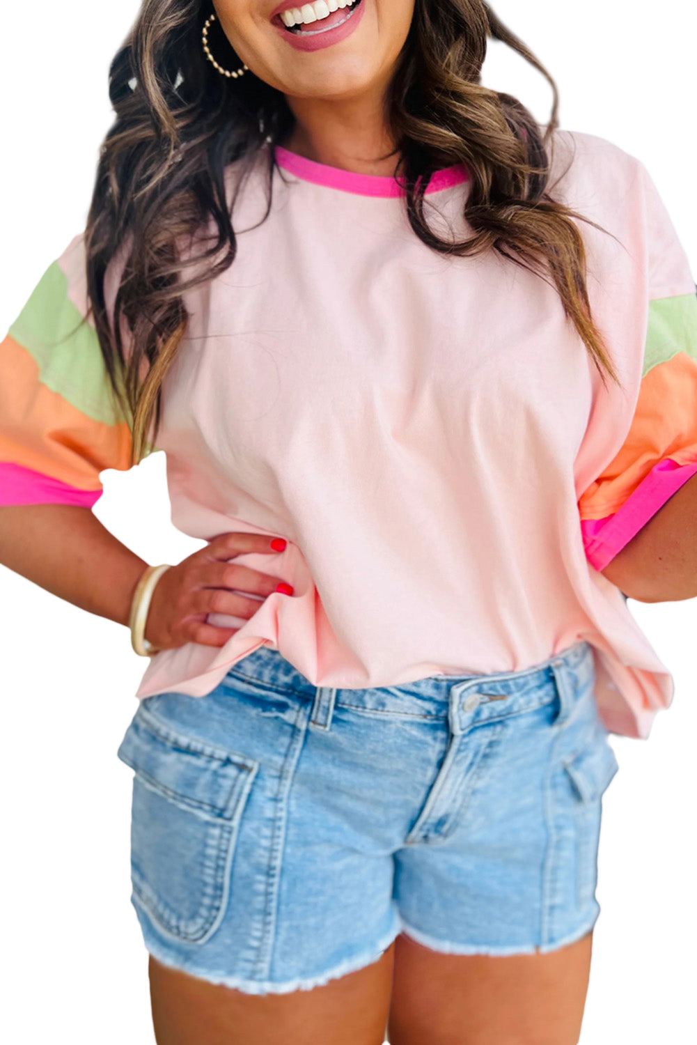 Pink Color Block Plus Size T Shirt