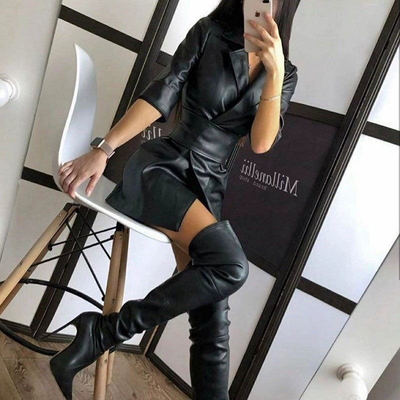 Solid Color PU Leather Mini Dress