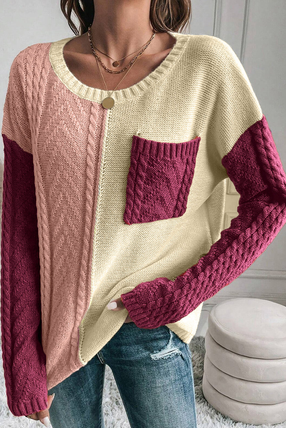 Green Colorblock Drop Shoulder Sweater