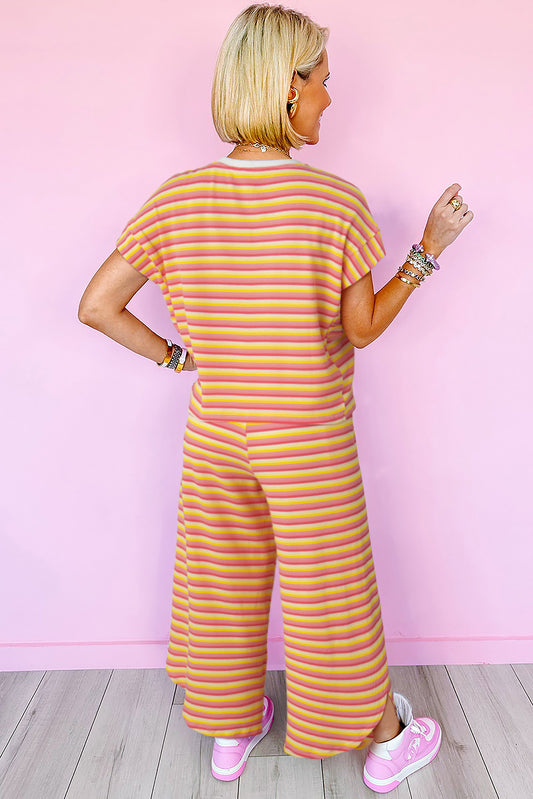 Yellow Striped Tasseled Tee & Wide Leg Pants Set